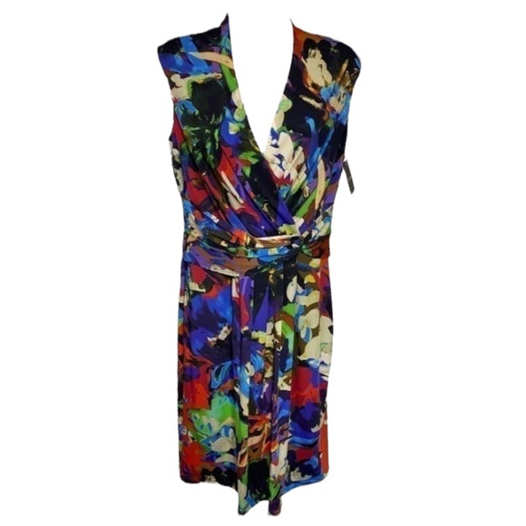 Ellen Tracy Dress Size 6 Multicolor Faux Wrap Abstract Cinched Waist Modern Chic - Picture 1 of 8